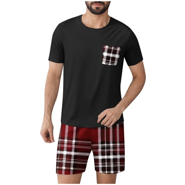 Mangas de Mano para Hombres Plaid Casual Home Sleepwear Manga Corta Cuello Redondo Top Y Pantalones Cortos Set, Algodón Poliéster Sala de Desgaste