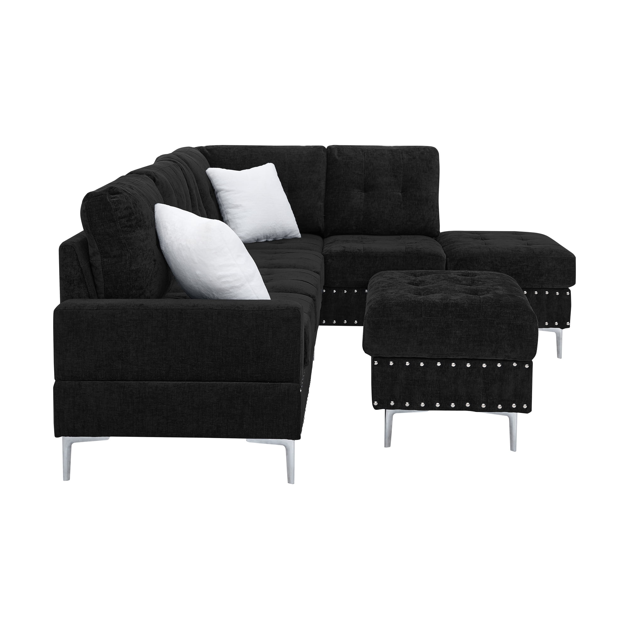 Leumius Modular Sectional Sofa with Chaise and Storage Ottoman,U/L Shaped Sectional Sofa with 2 Pillows,Modern Copper Nails Design Couch with Deep Seat and Thickened Cushion for Living Room,Black