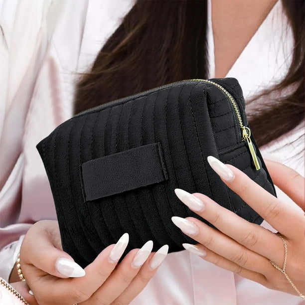 Neceser De Terciopelo a Rayas Bordadas, Bolsa De Maquillaje Impermeable De Poliéster, Organizador De Viaje Portátil, 17 X 12 X 9 Cm, Color Negro,Vsgery