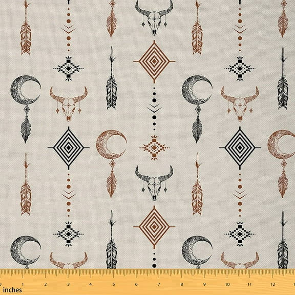 Manfei Hippie Aztec Sewing & Crafting Fabric (1 Yard), Boho Cattle Skull Home Decor Fabric by the Yard, Bohemian Dream Catcher Fabric by the Yard, Luxury Living Room Decoration