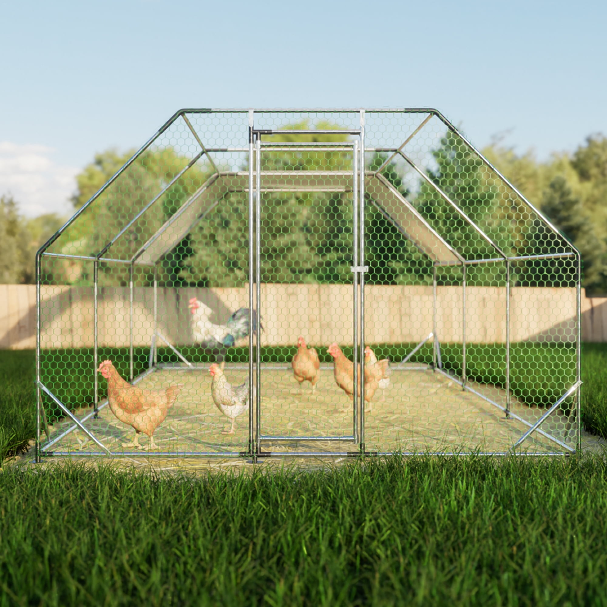 Aukfa Chicken Coop, 19.5 ft Large Chicken Run Cage Outdoor, Heavy Duty Metal Frame, Flat Roof, Silver