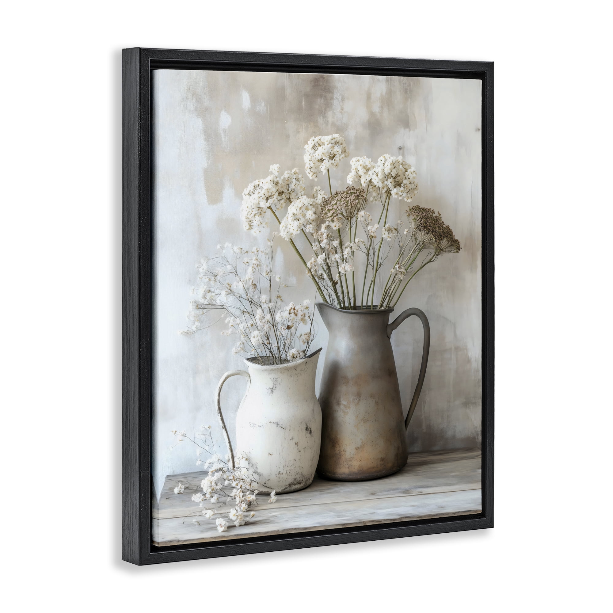 Stupell Industries Rustic Flower Arrangement in Pitchers Black Framed Floater Canvas Wall Art, design by Creative Studio