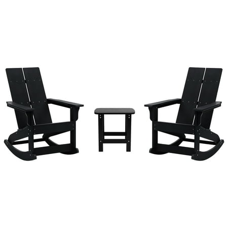 Flash Furniture Finn 3-Piece Adirondack Rocking Patio Chair and Side Table Set Black