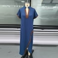 thumbnail image 4 of Ygbgbb Women Short Sleeve V‑Neck Maxi Dress, Stand Collar Contrast Trim High Side Slit Loose Beach Cover‑Up Dress for Summer Vacation Navy L, 4 of 7