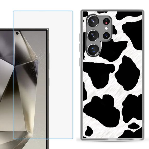 For Samsung Galaxy S25 Ultra 5G Phone Case Cover with Tempered Glass Screen Protector, by OneToughShield - Cow Skin Design