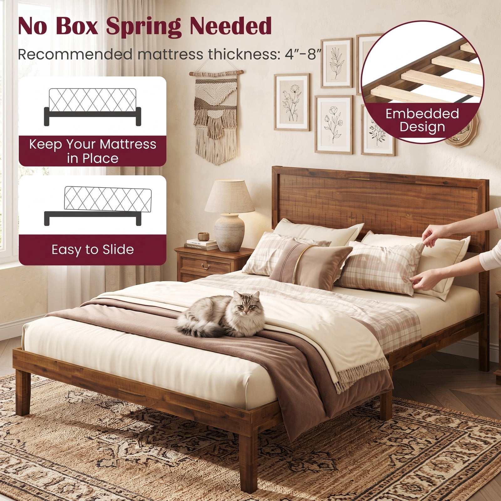 Furnibear Queen Bed Frame with Headboard, Wood Platform Bed Frame with High Panel Headboard and Wooden Slat Support for Bedroom, Walnut