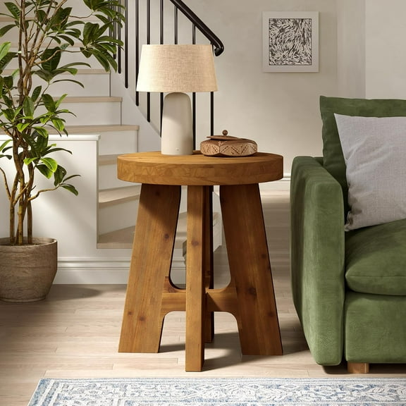 Solid Wood Round End Table, Farmhouse Small Round Side Table with Heavy-Duty Legs, Small Spaces, Rustic Brown