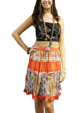 Mogul Women's Floral Printed Short Skirt Printed Elastic Waist With Drawstring Orange Hippie Skirts SML