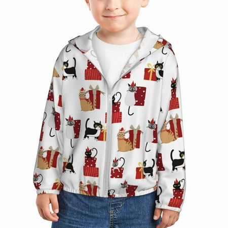 

Gaeub Cute Cat And Christmas Gift Print Athletic Sun Protection Hoodie for Kids Long Sleeve Outdoor UV Shirt Running Fishing Top for Boys Girls-5 Years