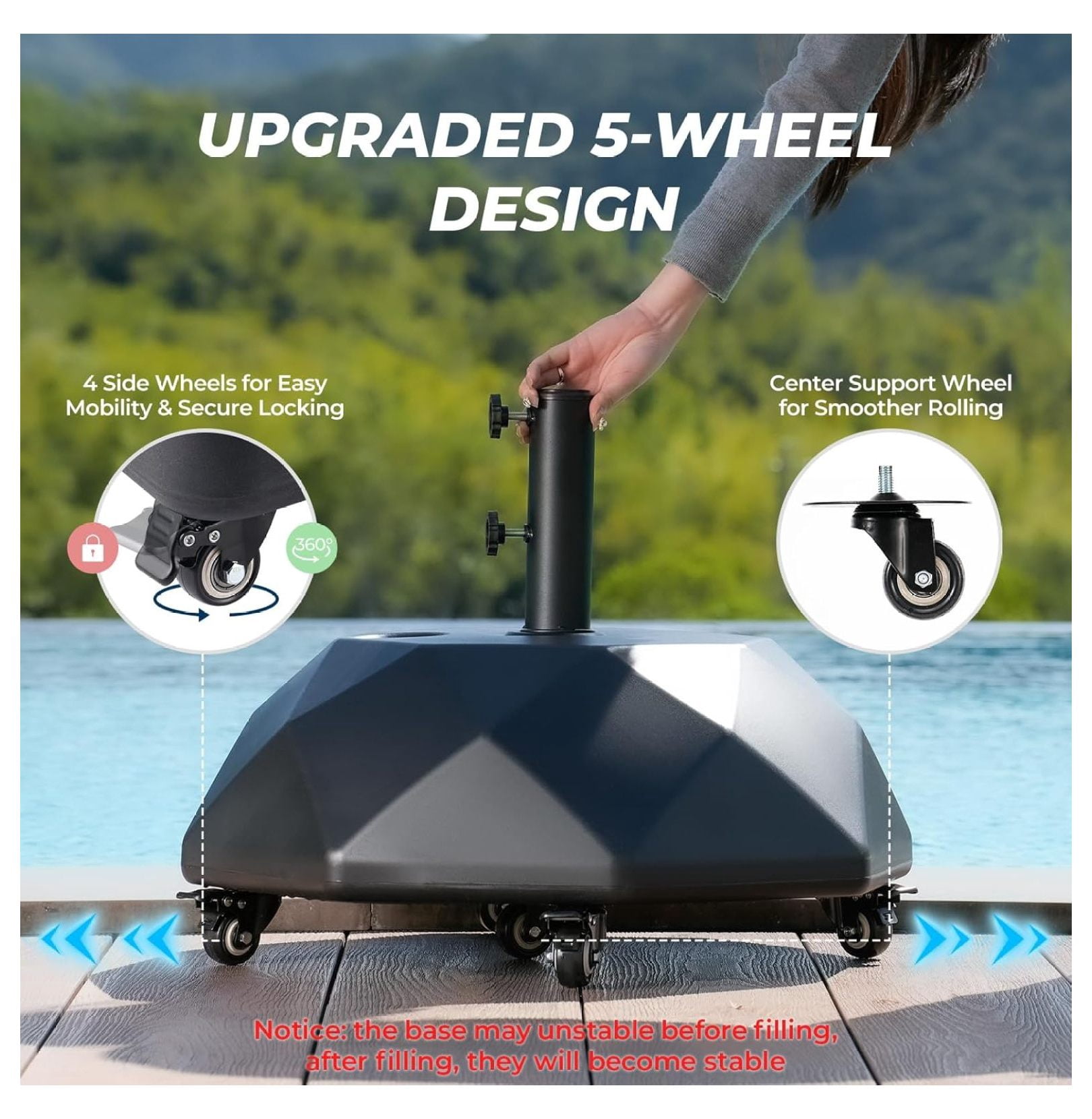 H16 Patio Umbrella Stand Base with 5 Wheels - 127lbs Heavy Duty Rolling Weights Outdoor Umbrella Base, Refillable High-Density HDPE Materia Weights Stand for Outside Patio