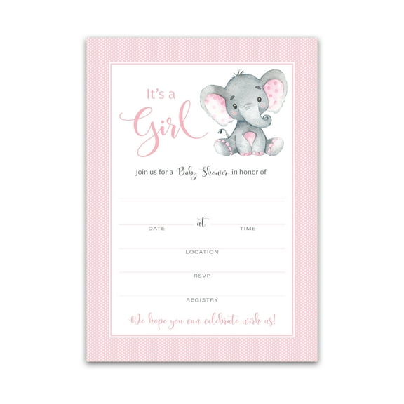 IT’S A GIRL! — Girl Elephant BABY SHOWER INVITATIONS— Pack of 25 — PINK Peanut Baby Shower Blank Fill-in INVITES, Chic, Unique, PINK Baby GIRL Sprinkle Invites, DIY Invites Polka Dot  I500-INV1
