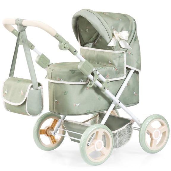 Bayer Design: Doll Pram Trendy - Green & Flowers - Play Push Stroller, Handbag, Adjustable Handle, Foldable, Toy Care Accessory Fits 18" Dolls, Kid 3