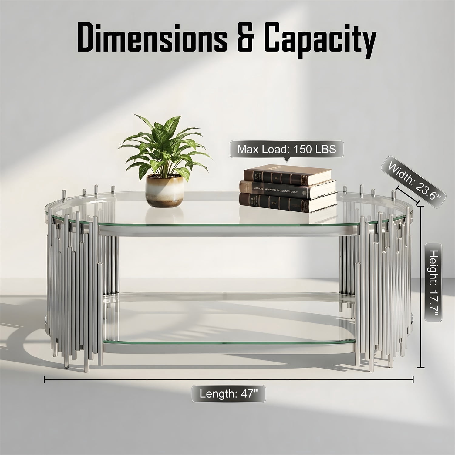 Hommoo Modern Oval Coffee Table with 2-Tier Tempered Glass Shelves, Polished Stainless Steel Frame, Organ Pipe Design, Living Room Center Table, Sliver