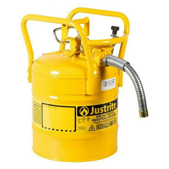 Justrite 7350230 5 Gallon, 1" Metal Hose, Roll Bars, DOT Transport Steel Safety Can for Diesel, Type II, Accuflow™, Yellow - 7350230