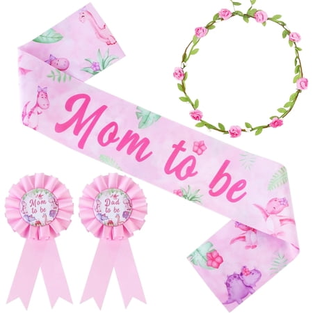 Dinosaur Baby Shower Decorations Girl, Pink Dino Mom to Be Maternity Sash Mom Dad to Be Button Pin Flower Crown Headband for Hatching Soon Baby Shower Gender Reveal Decorations