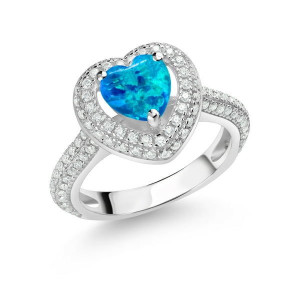 Gem Stone King 925 Sterling Silver Blue Opal and White Moissanite Heart Shape Ring for Women (1.37 Cttw, Available in Size 5, 6, 7, 8, 9)
