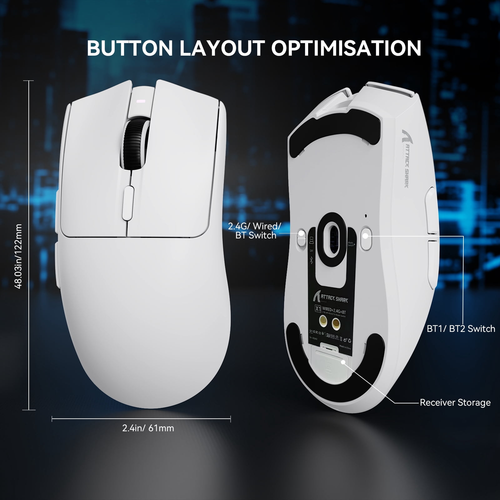 ATTACK SHARK X1 Gaming Mouse with Magnetic Charging Dock, PixArt PAW3395PRO Gaming Sensor, 40000DPI, BT/2.4G Wireless/Wired, 49g SUPERLIGHT Mouse, 100M Optical Microswitches for PC/Xbox/PS/Mac -White