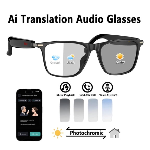 Smart Audio Glasses, AI Smart Glasses with Real-Time Translation, Music & Hands-Free Calls, Photochromic Lenses for Men & Women Indoor & Outdoor