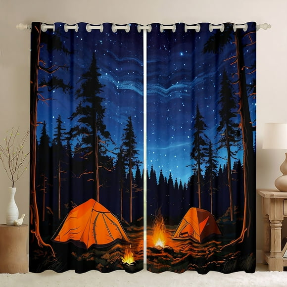 Cartoon Camper Campfire Curtains,Cute Camping Rv Decor 30%-50% Blackout Curtains 42''Wx84''L, Watercolor Starry Sky Camping Tents Window Curtains Nature Jungle Scenery Curtains & Drapes