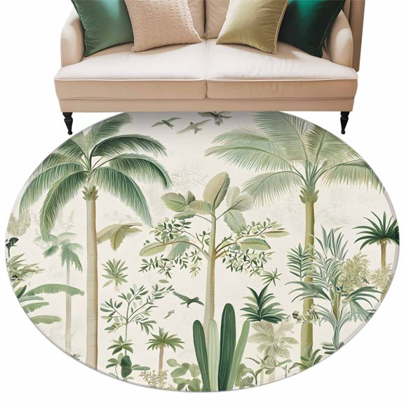 Green Palm Tree Round AreaRug 7ft Summer Watercolor Tropical Botanical Forest Plant Non-SlipWashable Circle Rugs Soft Felt Indoor Floor Mat for Bedroom Kitchen Living Room Bathroom
