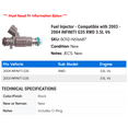 thumbnail image 2 of Fuel Injector - Compatible with 2003 - 2004 INFINITI G35 RWD 3.5L V6, 2 of 2