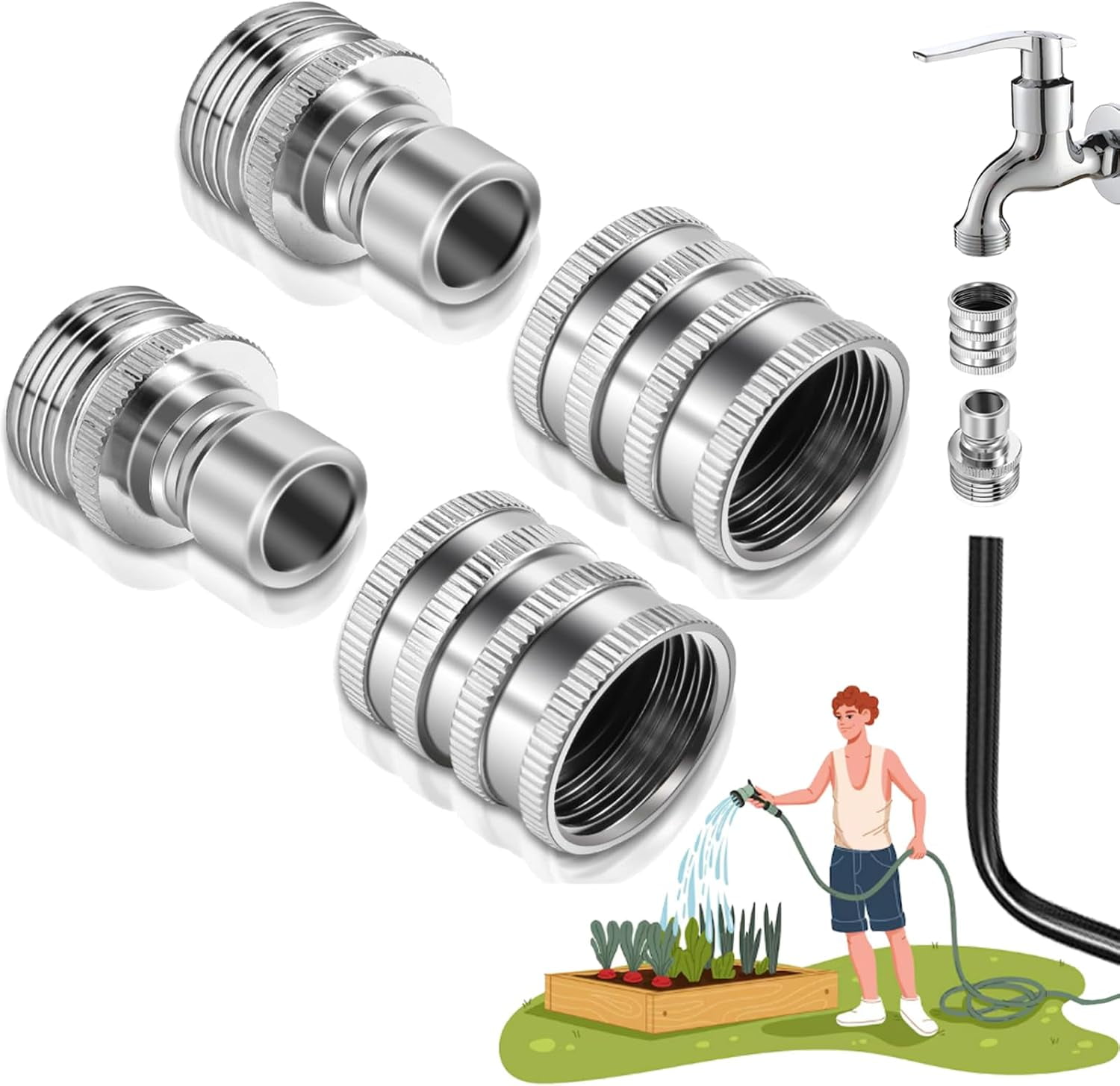 HRTGFD-2026 New Stainless Steel Garden Hose Quick Connect Fittings Set, 3/4 Inch GHT Water Hose Quick Connect Fittings, Heavy Duty Quick Release Connector For Hoses And Sprayers (2*Pcs)