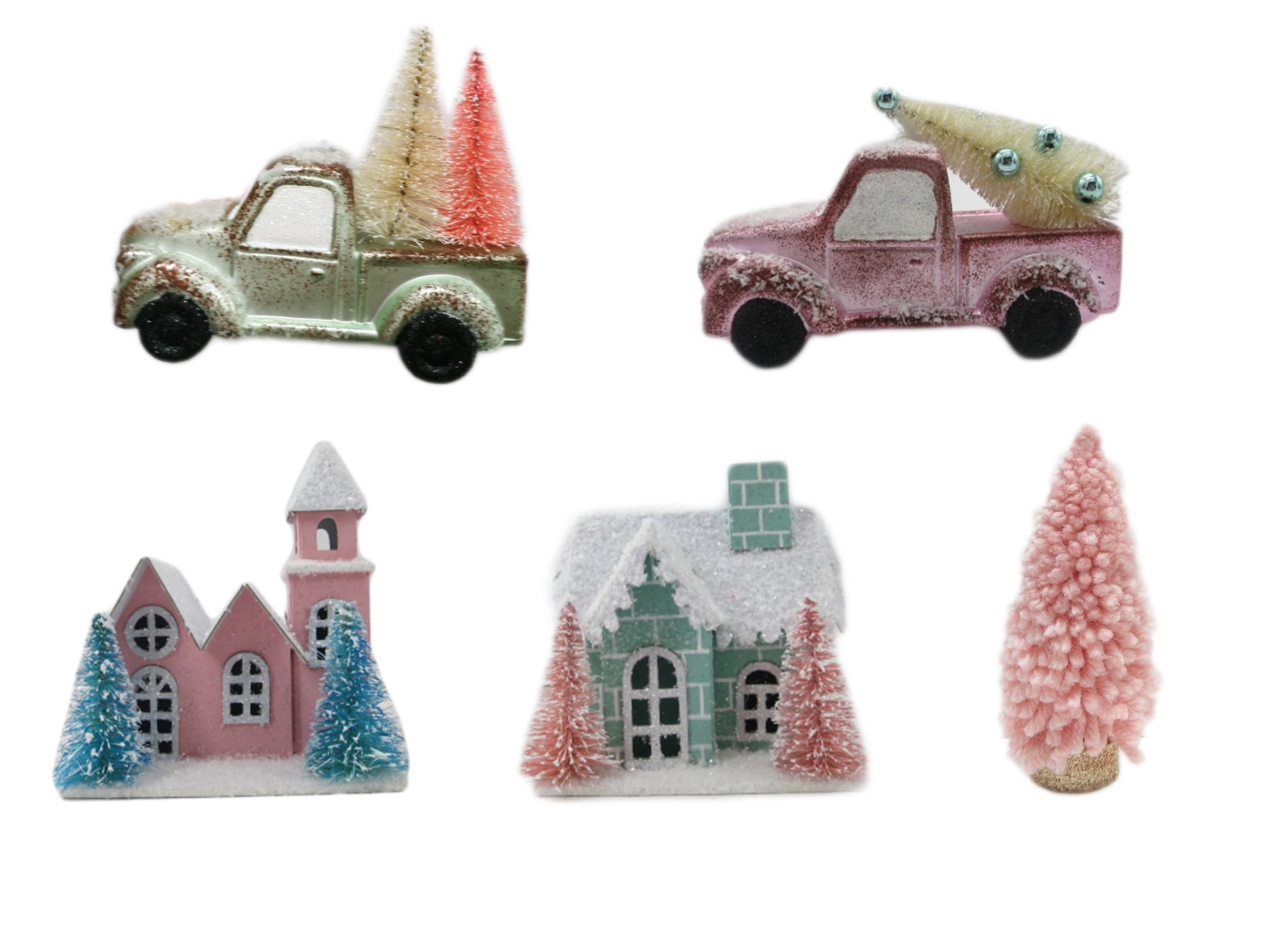 Holiday Time Pick-up Truck, Pastel Church, Pastel House & Yarn Tree Christmas Tree Ornaments, 5 Count