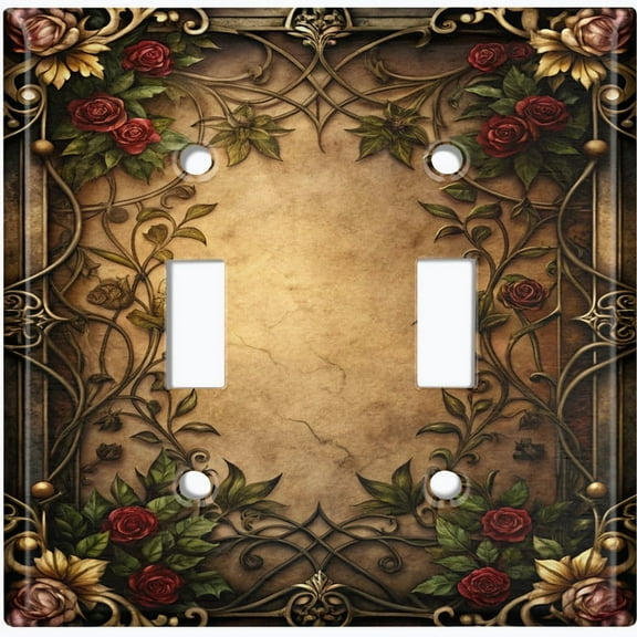 Metal Light Switch Wall Plate Outlet Cover (Printed Image of Vintage Rosette Frame - Double Toggle)