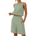 thumbnail image 4 of Costeam Womens 2 Piece Matching Outfit Sleeveless Crew Neck Cropped Top Elastic High Waist Bermuda Shorts with Side Pockets Lightweight Soft Breathable Relaxed Fit Summer Loungewear Set, 4 of 6