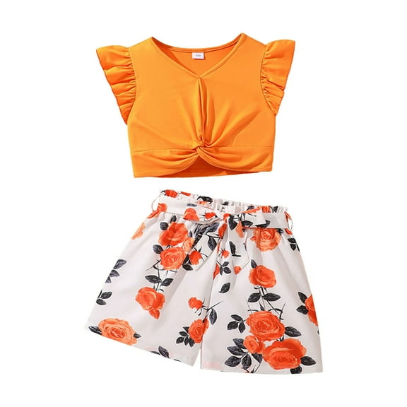 Gubotare Girls Outfit Toddler Girls Short Sleeve Ruffles Ribbed T Shirt Tops Shorts Outfits Kids Girls Outfits 9T 10T (Orange,9-10 Years)