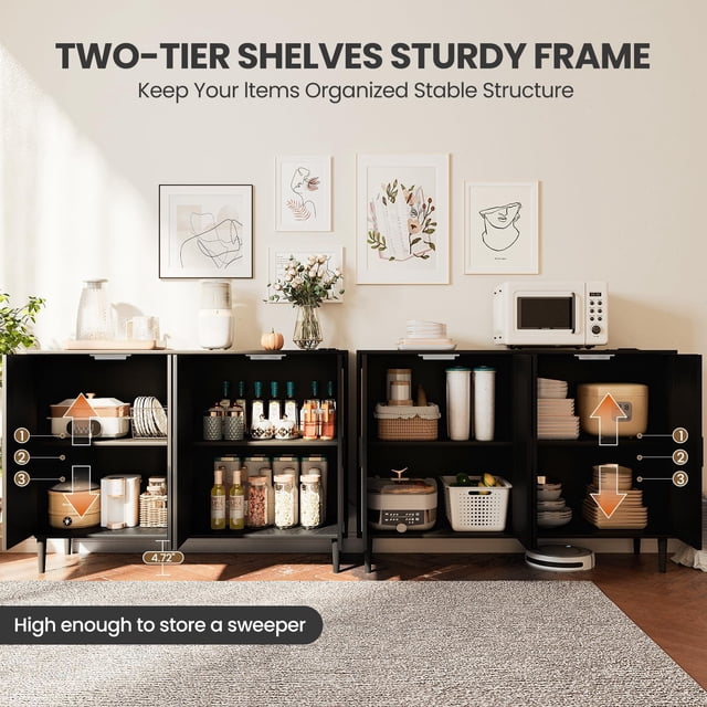 Kojooin Rattan Sideboard Buffet Cabinet, 4 Doors Accent Storage Cabinet, Console Table Coffee Bar with Power Outlet, Adjustable Shelves for Kitchen, Dining Room, Hallway, Living Room
