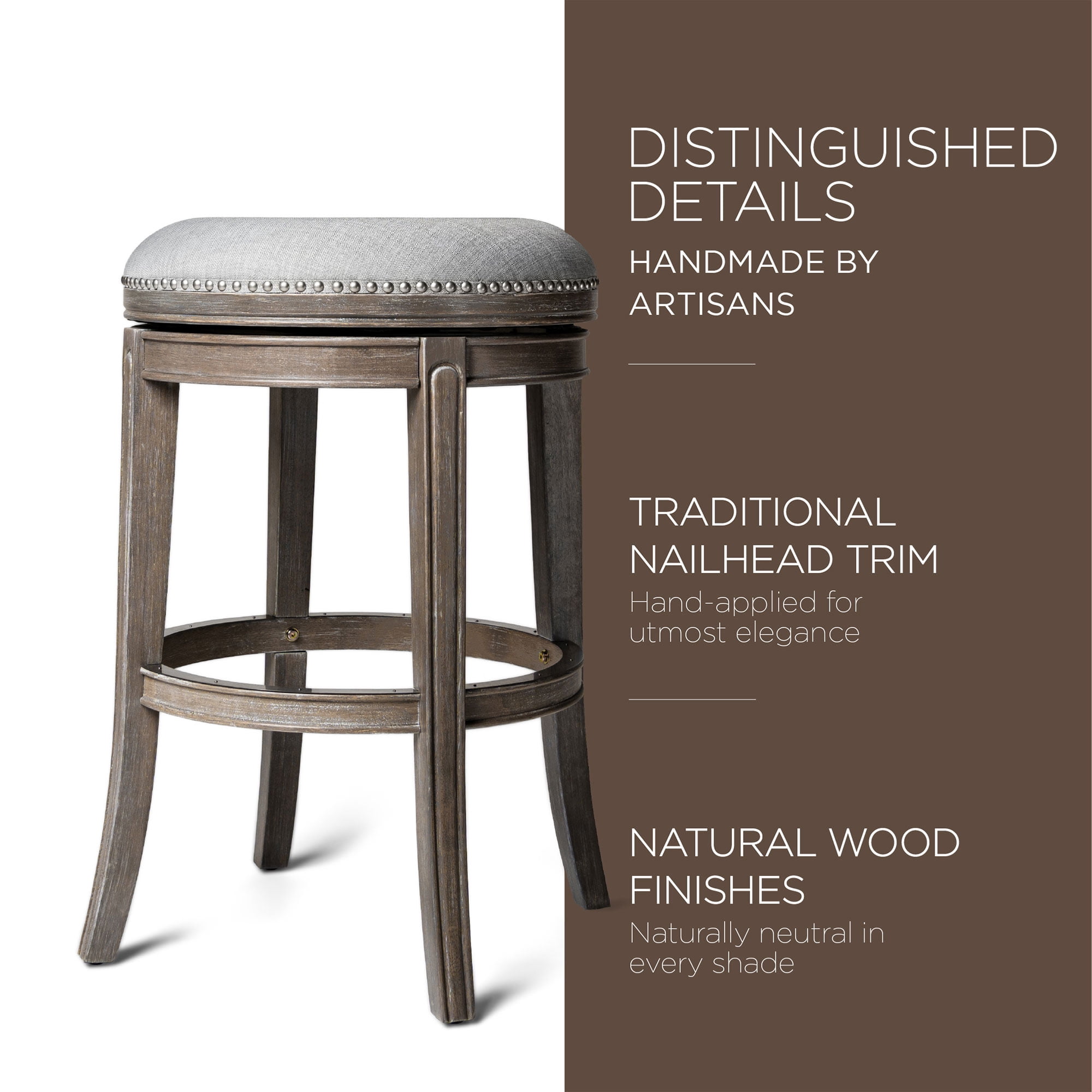 Maven Lane Alexander Backless Bar Stool in Reclaimed Oak Finish w/ Ash Grey Fabric Upholstery