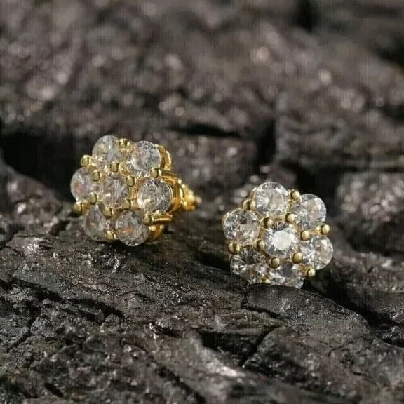2 Ct Round Real Moissanite Cluster Flower Stud Earrings 14K Yellow Gold Plated