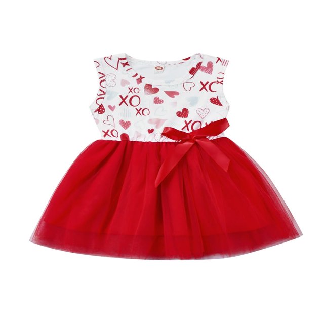Robe de la Saint-Valentin pour Filles Sans Manches à Encolure, Imprimé de Cœurs, Robe Patchwork en Tulle
