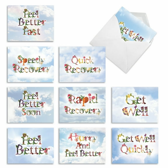 Pack of 10 Get Well Soon Cards with Envelopes (4 x 5.12 Inch) - Bunches of Well Wishes
