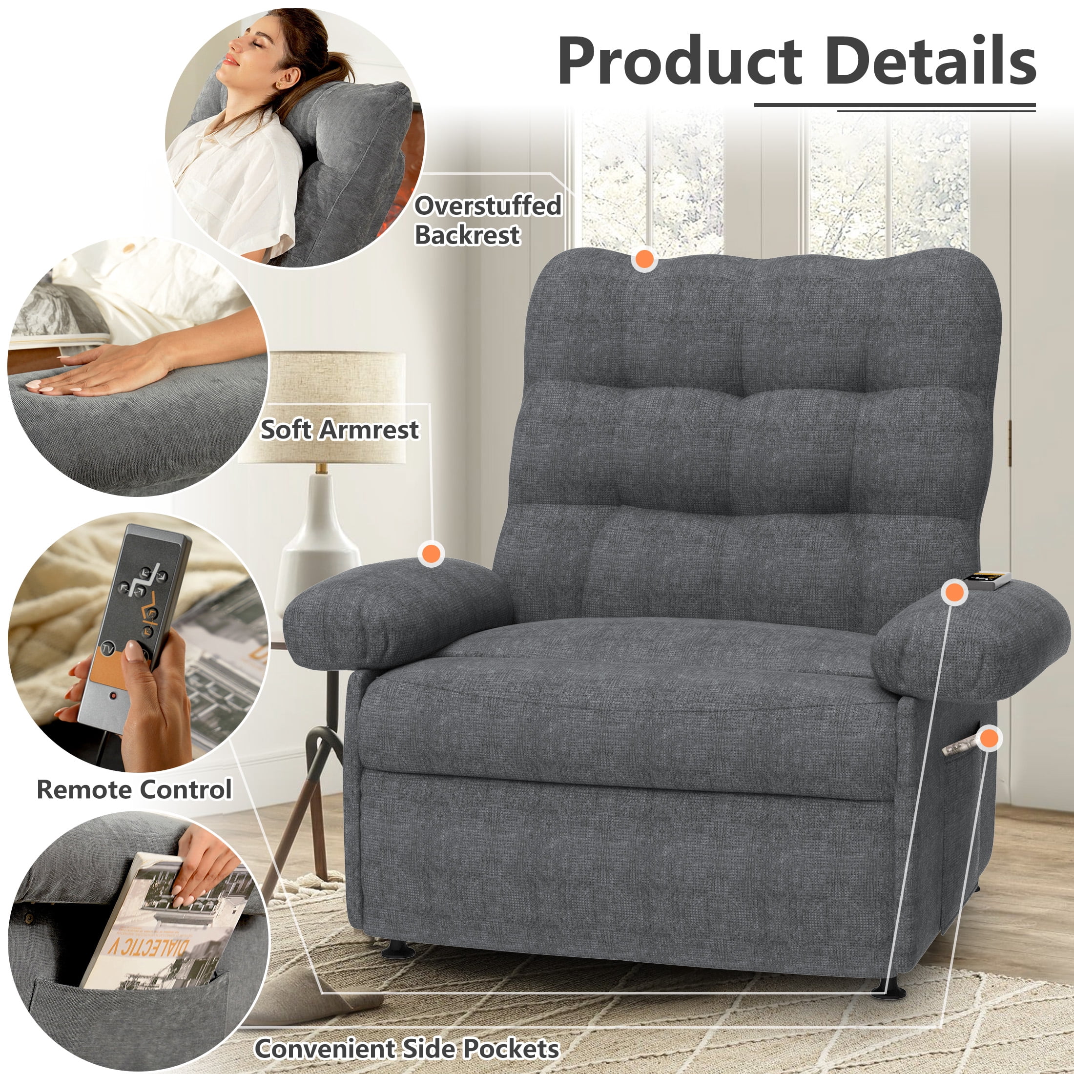 3 Motor Power Lift Recliner Chair, HSUNNS Zero Gravity Recliners with Side Pocket for Elderly, Electric Sofa with Remote Control for Living Room Home Theater, Ergonomic Lounge Recliner Chair, Gray