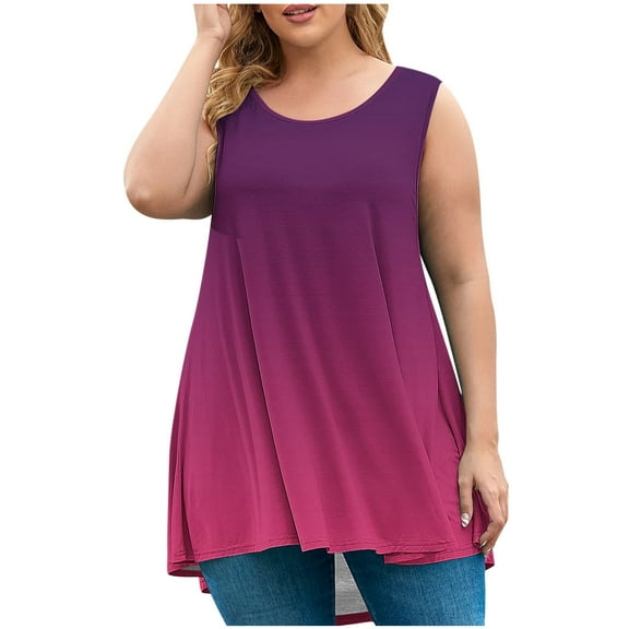 WRKEKC Sleeveless Tank Tops for Women Gradient Print Plus Size Loose Fit Crew Neck Daily Tank Lightweight Casual Top