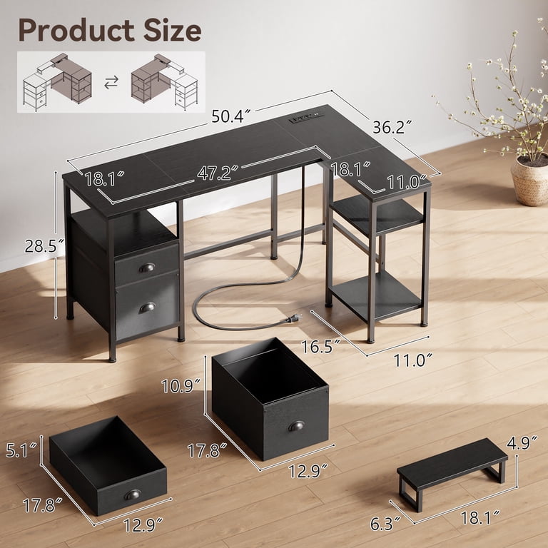 Satifur L-Shaped Desk with Power Outlets and File Drawer photo 2