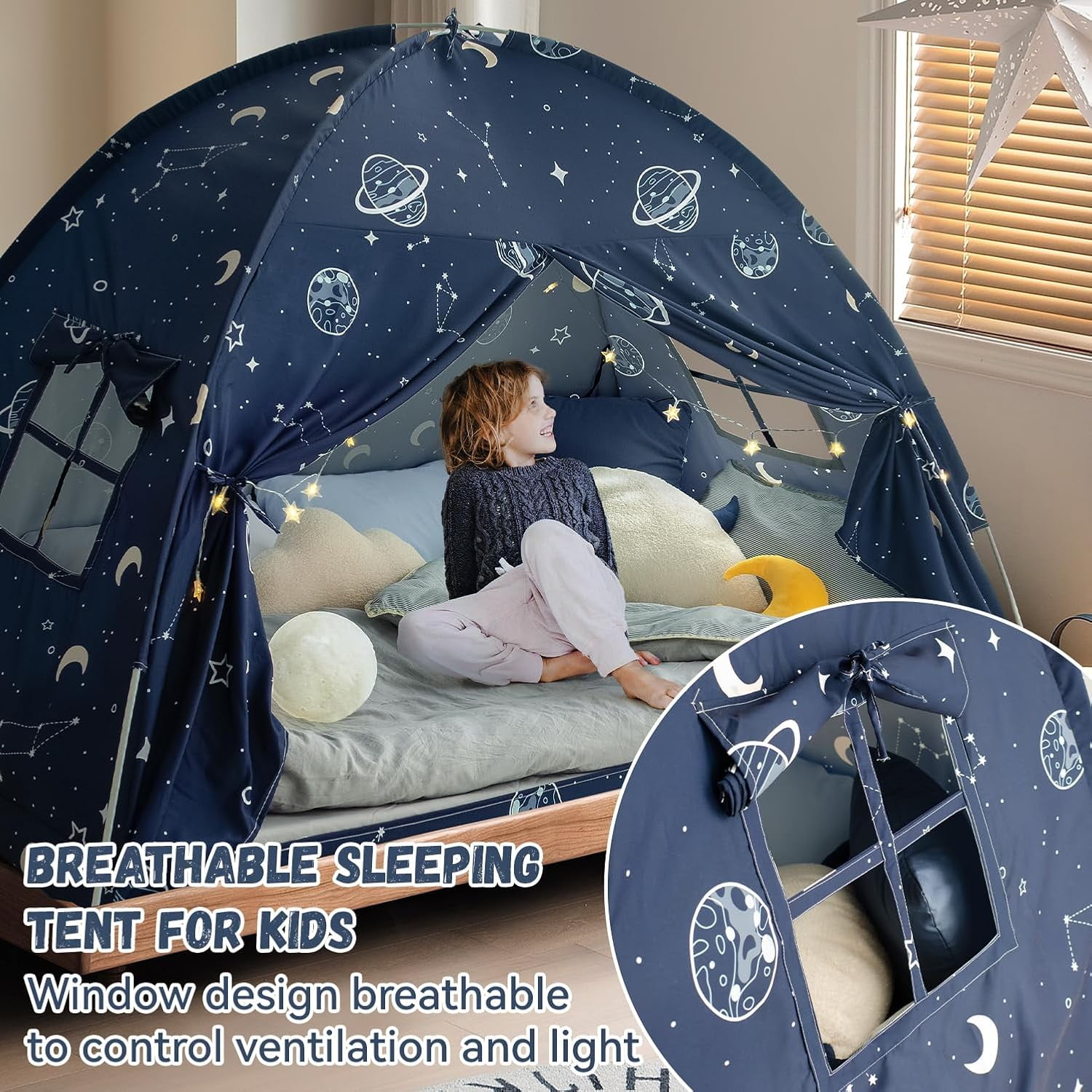 Twin Bed Tent Canopy, Galaxy Dome Space Bed Canopy for Kids, Toddler Top Bunk Canopy Tent Blackout, Twin Floor Bed Sleep Tents Indoor for Boys Birthday Toy House Gift