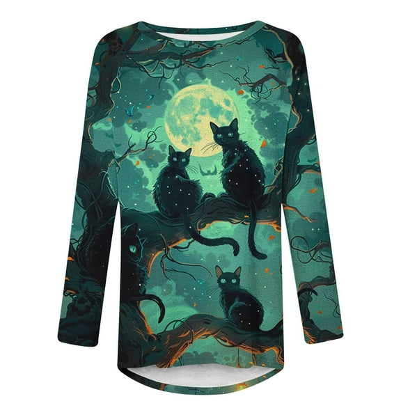 Jsaierl Halloween Shirts for Women Plus Size Pumpkin Ghost Print Tees Loose Fit Crewneck T-shirt Long Sleeve Holiday Blouse Tops Halloween Clothes