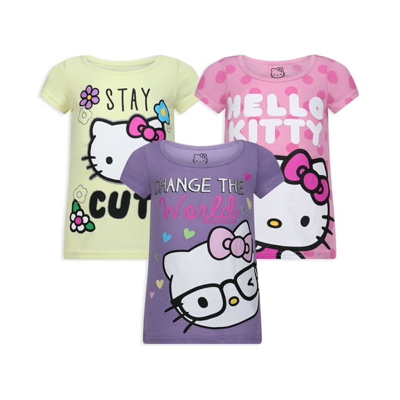 Hello Kitty Girls 3 Pack Short Sleeve T-Shirt - Yellow/Pink/Purple