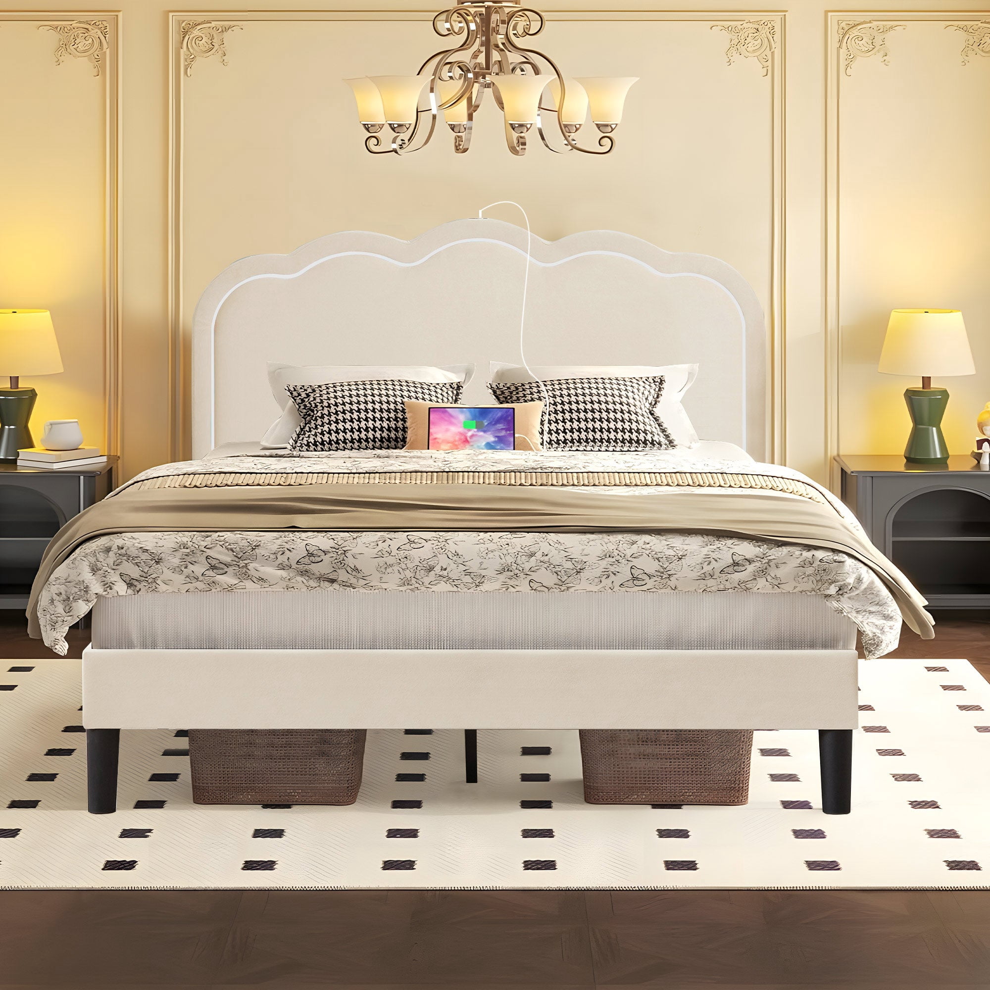VECELO LED Bed Frame, Queen Size Upholstered Platform Bed Frame with Adjustable Charging Station Headboard, No Box Spring Needed, Easy Assembly, Beige