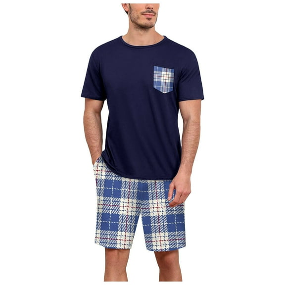 CHUOU Mens Summer Short Sleeved Shorts Pajamas Set Round Neck Short Sleeved Plaid Shorts Two Piece T Shirt With Chest Pocket Pajamas Home Wear Set