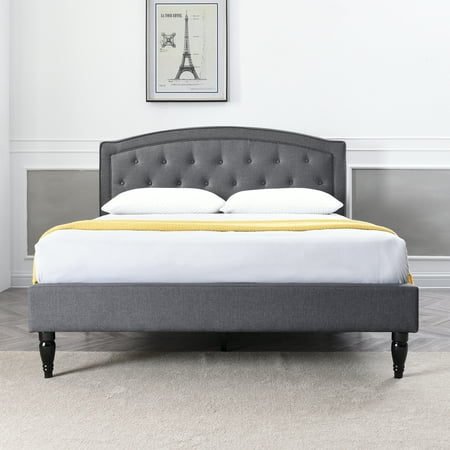 Modern Sleep Wellesley Upholstered Platform Bed | Headboard and Metal Frame with Wood Slat Support | Grey, Multiple