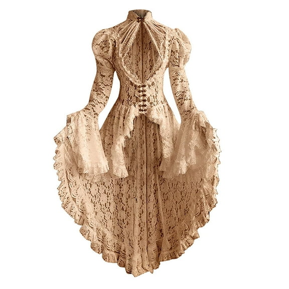 Temperament Dress New Women Gothic Corset Dress Halloween Party Steampunk Dresses Corset Jacket Pirate Renaissance Frock Coat Lace Patchwork Stand-up Retro Dresses Lace Dress Beige 4XL New