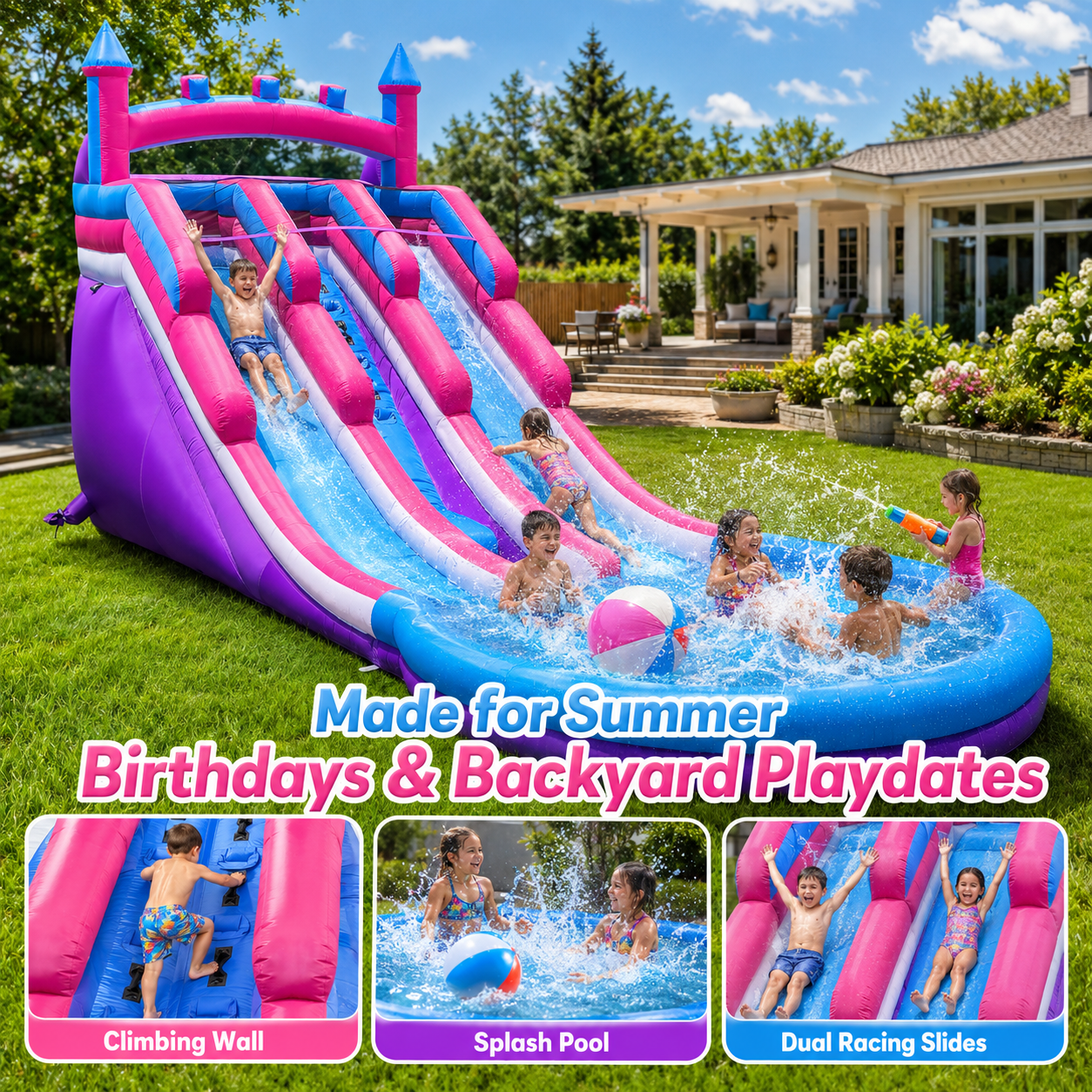 20FT Inflatable Kids Water Slide with Dual Lanes, Climbing Wall & Splash Pool – Backyard Fun for Kids, Fits Up to 6 Children (Purple & Pink)