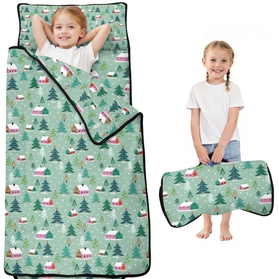 Light Green Christmas Village Pattern Toddler Nap Mats for Kids Preschool,50"x20" Sleeping Mat Bag or Kids,Toddler Sleeping Bag,Toddler Nap Mat or Daycare