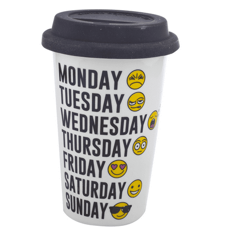 Lux Accessories Black and White Days of the Week Emojis Travel Coffee Mug