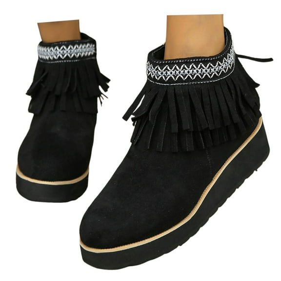 Oyedens Platform Wedge Ankle Boots for Women Boho Tassel Ankle Booties Low Heels Short Boots Vacation