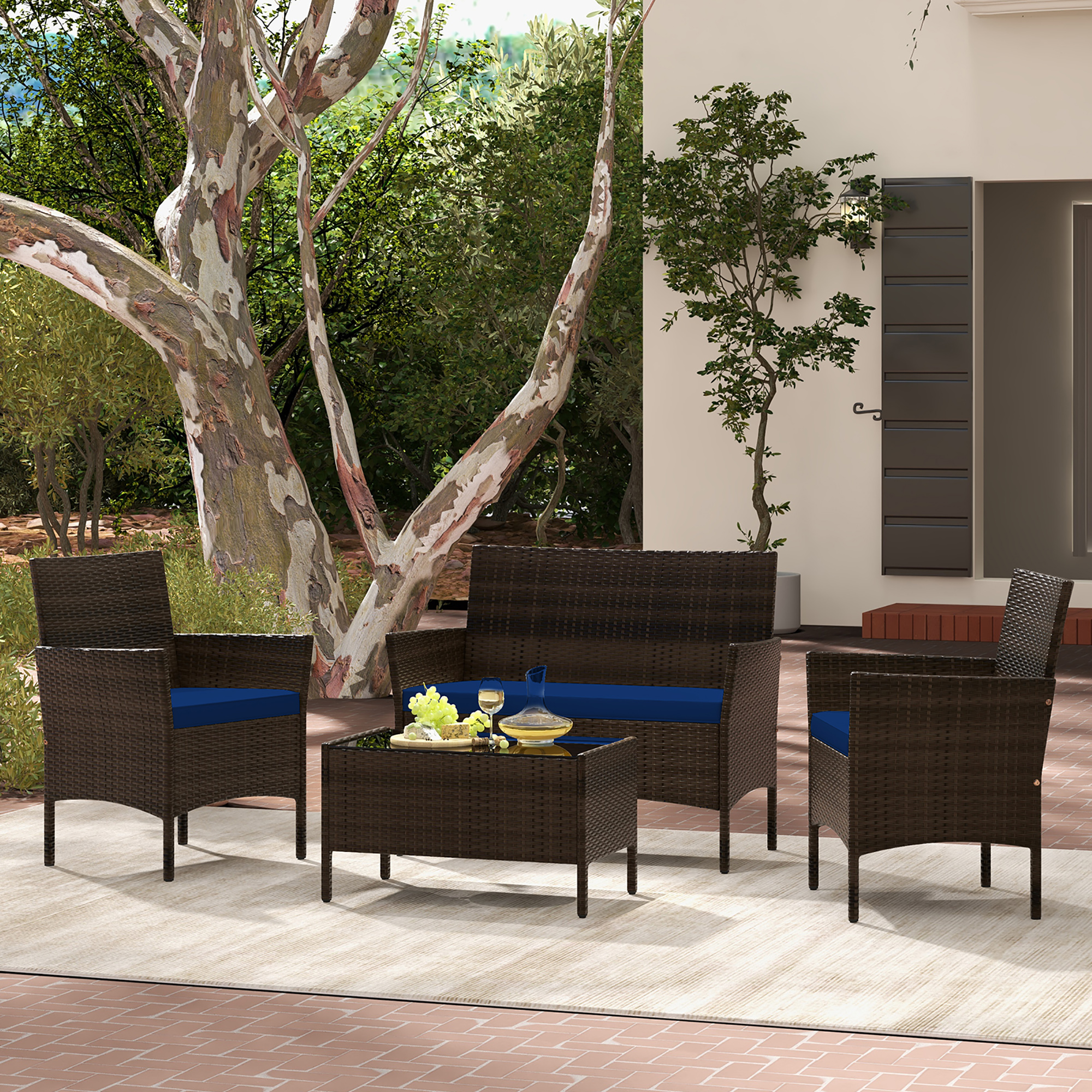 Gymax 4 PCS Patio Rattan Conversation Set Outdoor Wicker Furniture Set w/ Chair & Loveseat